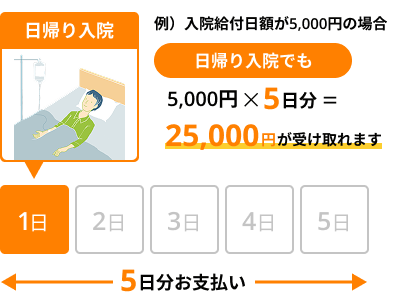 日帰り入院　入院給付金日額5,000円の場合：5日分の25,000円をお支払い
